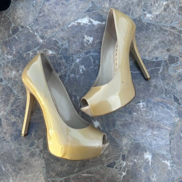 Enzo Angiolini Shoes - Enzo Angiolini Inner Platform Pump Shoes Peep Toe Tan Patent Leather - 7.5